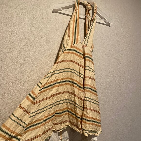 Zara Halter Chevron Stripe Mini Dress XL‎ Beige Summer Sleeveless Pockets - Picture 2 of 8